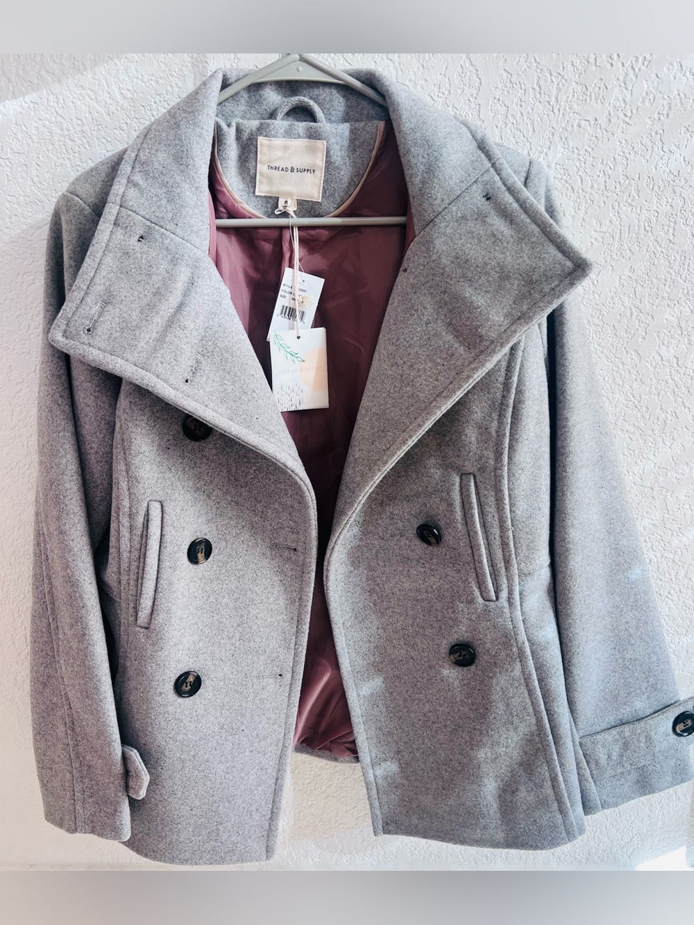 Thread & Supply Light Gray Wool Blend Double-Breasted Peacoat w Mauve Lining NWT